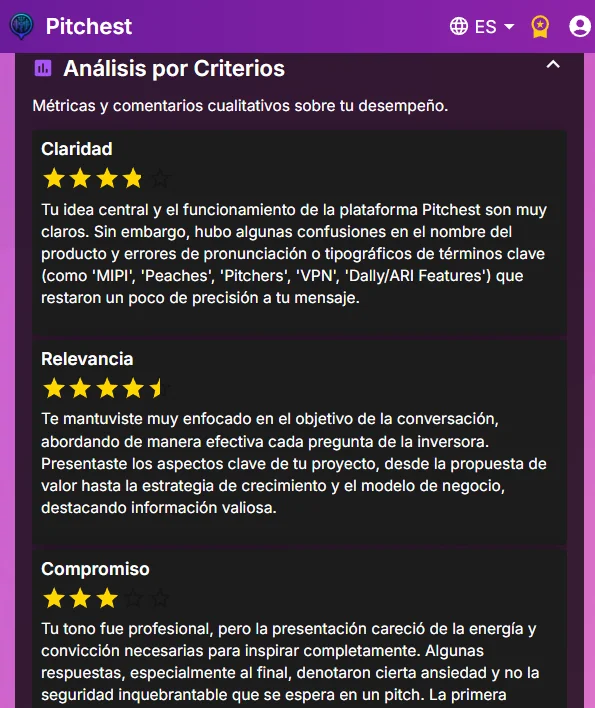 Metrics feedback screen